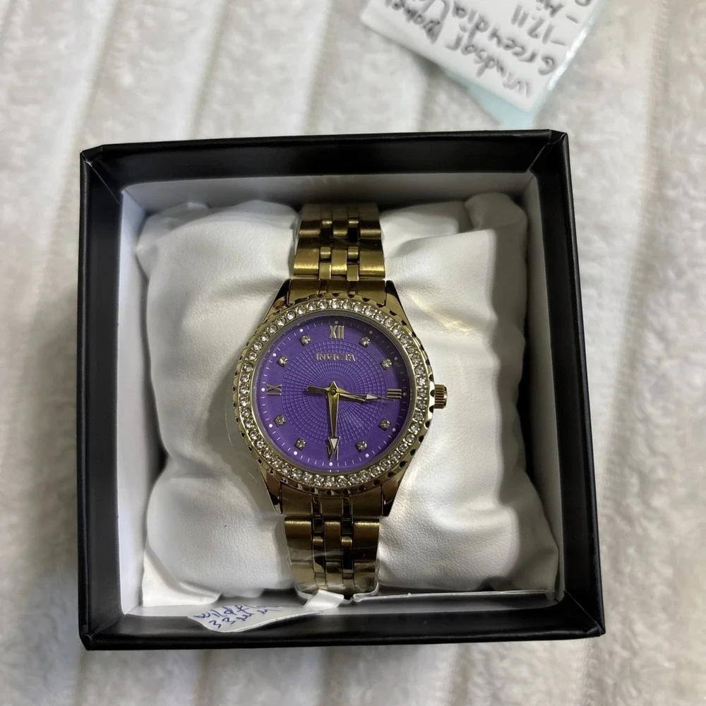 Invicta Gold-Tone Wristwatch Diamond Accent Purple Dial Bracelet in Original Box